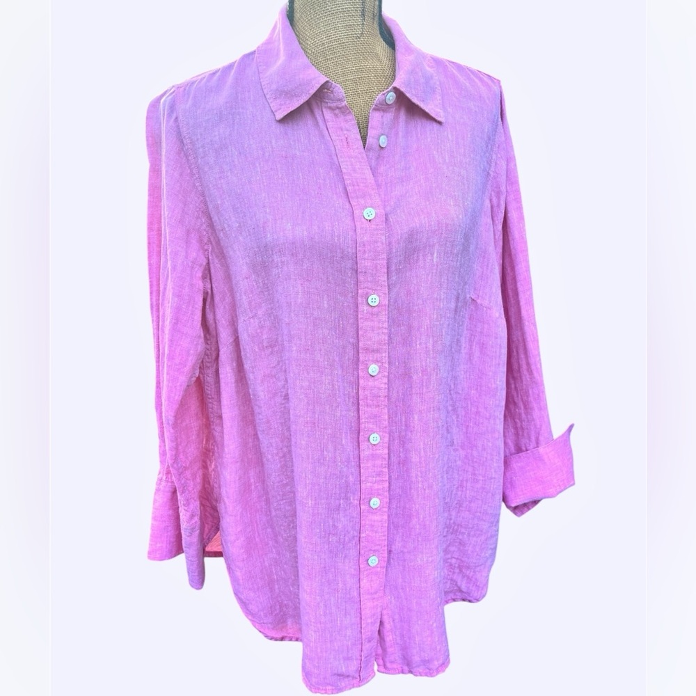 Talbots Plus Petite Linen Button Down Shirt Preppy Coastal Pink Size 1XP